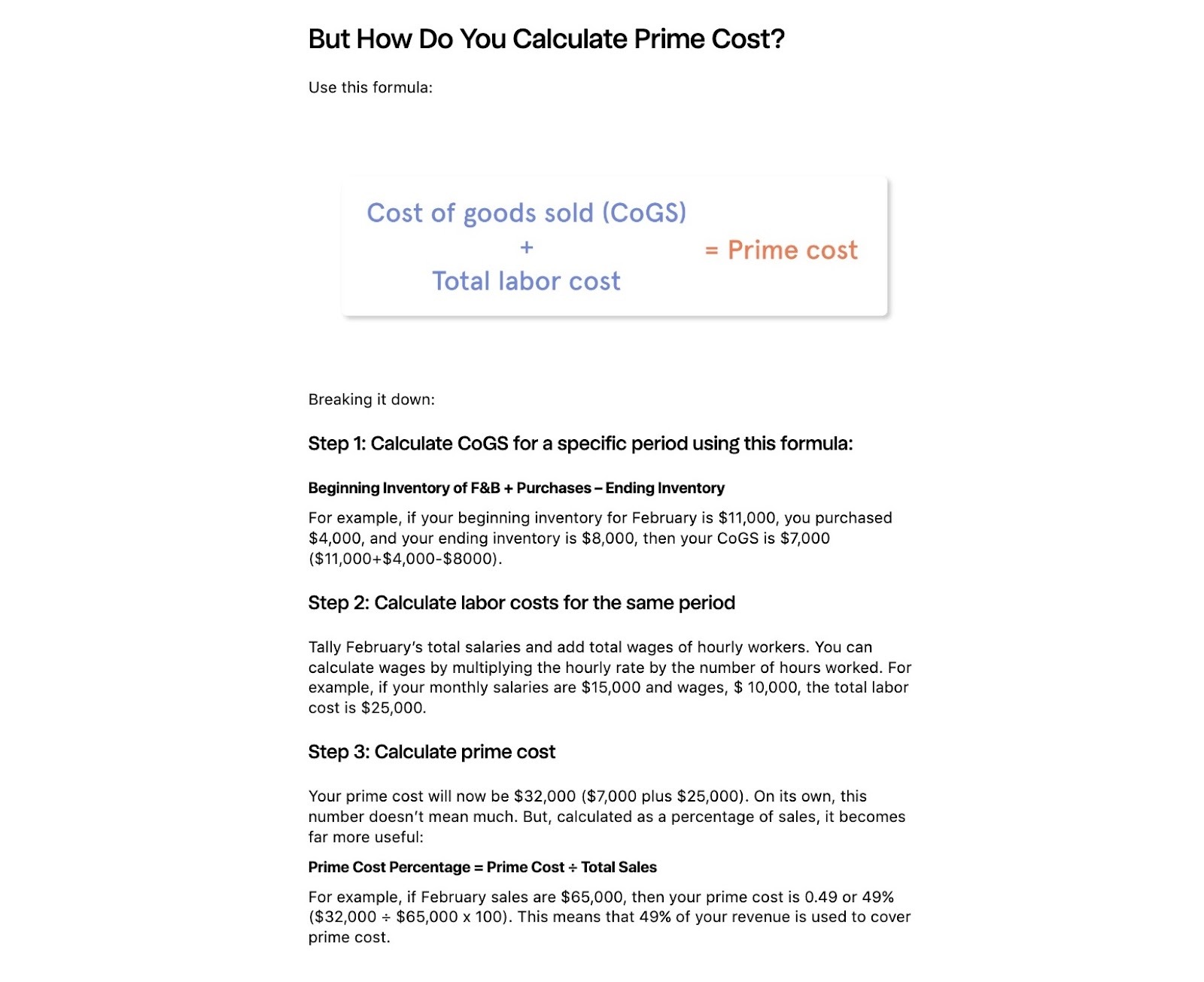 A formula and step-by-step calculation of prime cost.