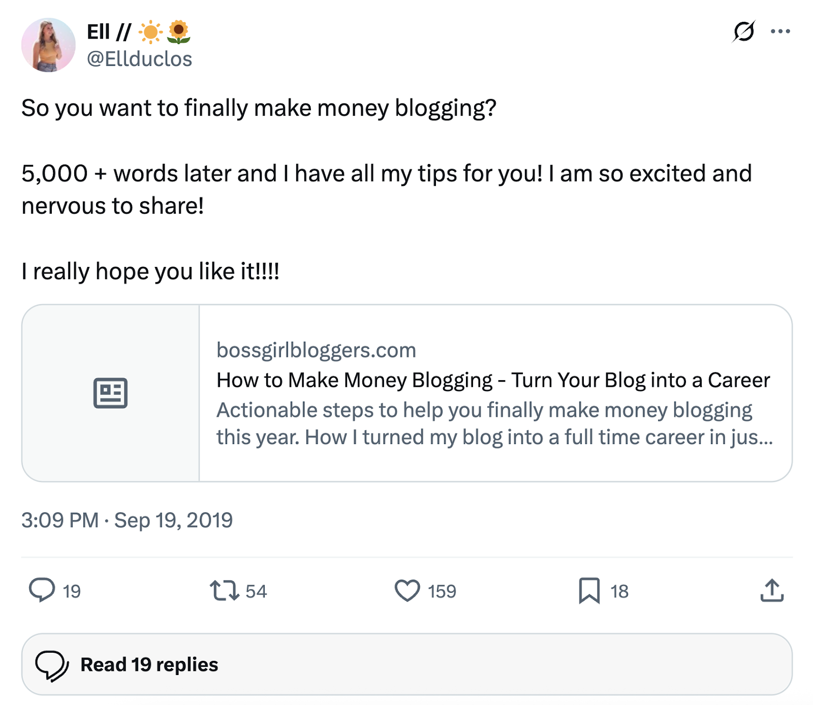 The same blog post is shared on X and has 19 comments, 54 shares, 159 likes, and 18 saves.