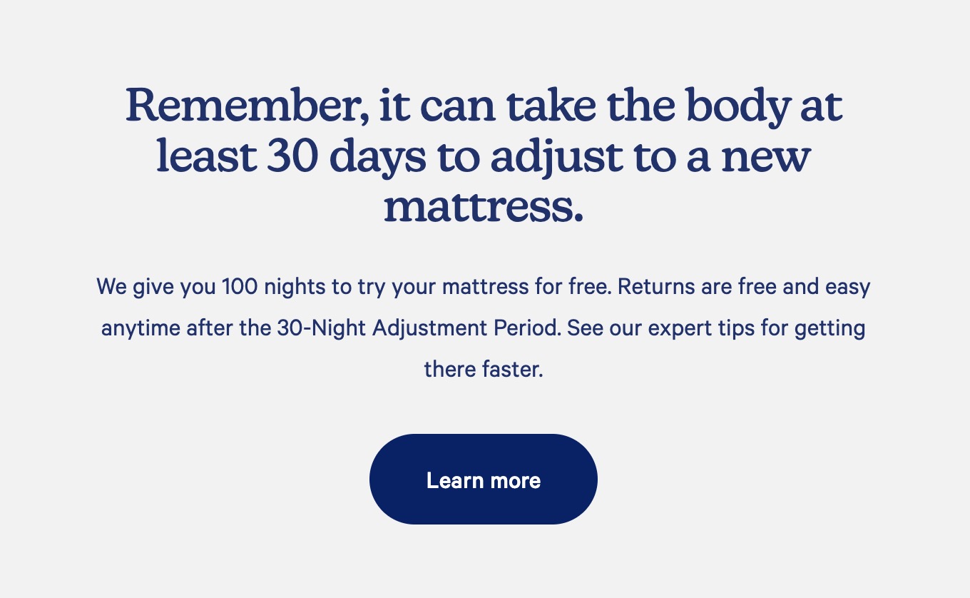 Returns policy by B2C brand, Casper, offering customers a 100-night trial.
