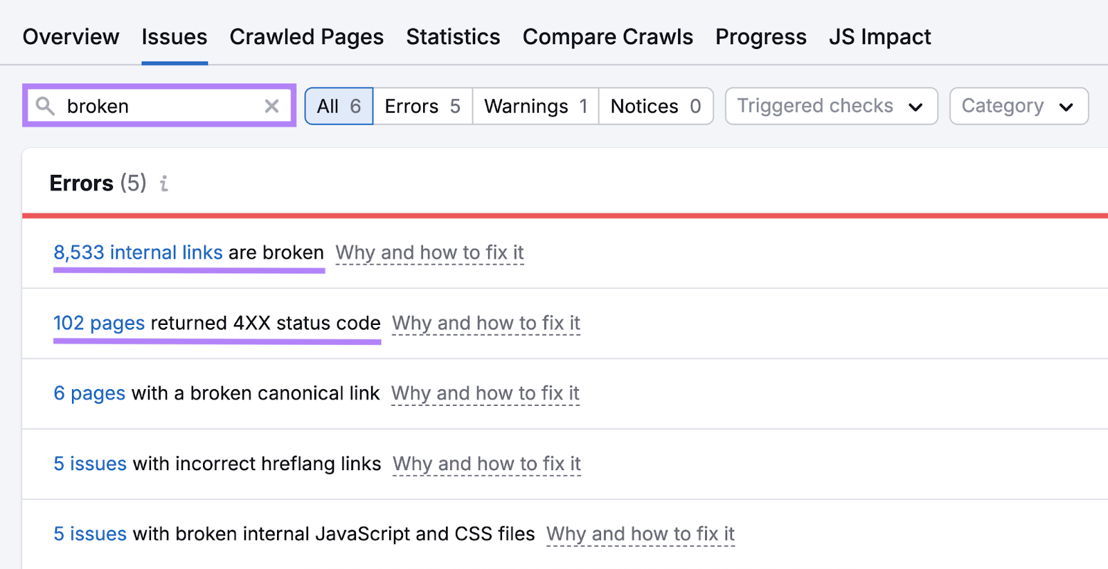 Internal broken link and 4xx status code issues are highlighted.
