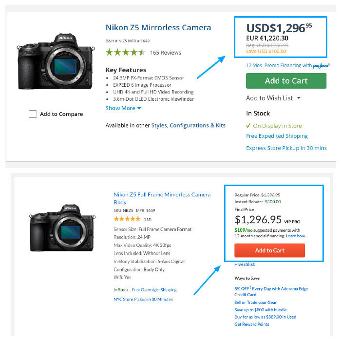 A screenshot comparison of the Nikon Z5 camera for sale on B&H and Adorama shows that the two websites offer an identical price point for this particular product.