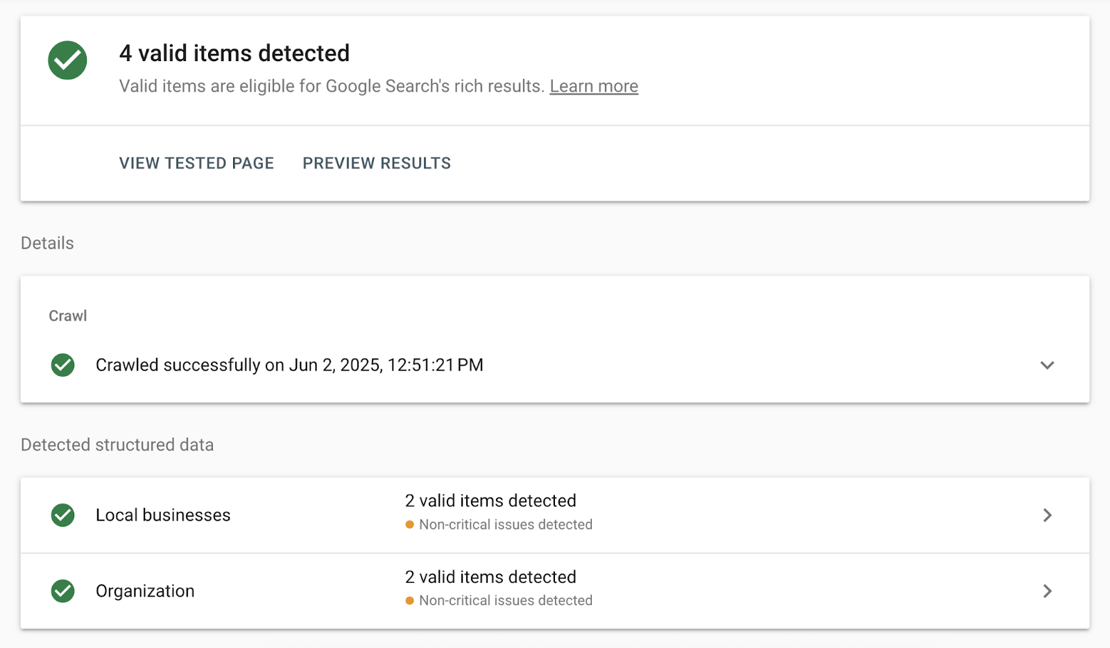 Valid items are detected for the local business and organization.
