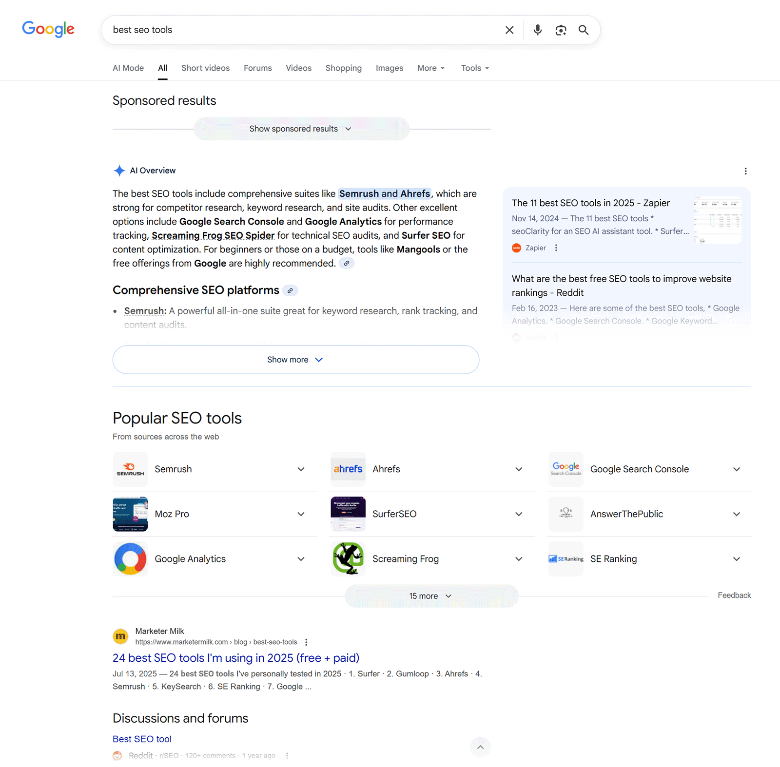 Google search results showing SEO tool recommendations, featured overview, popular tools list, and related articles.
