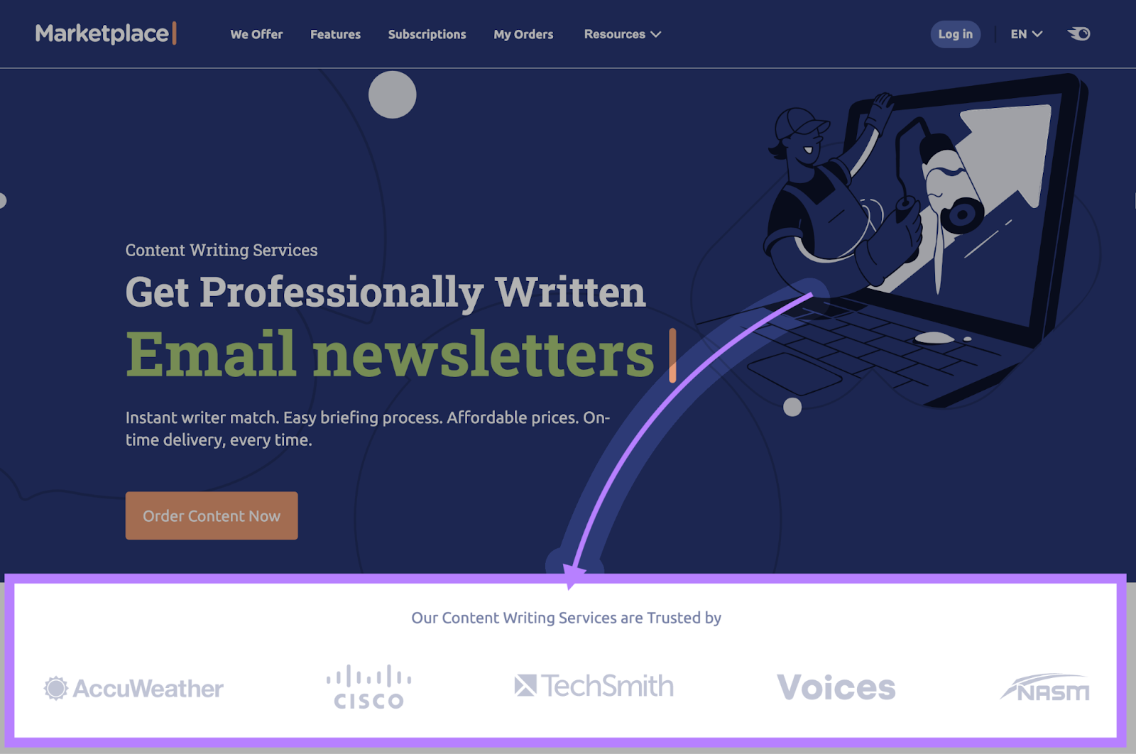 previous clients on Marketplace website