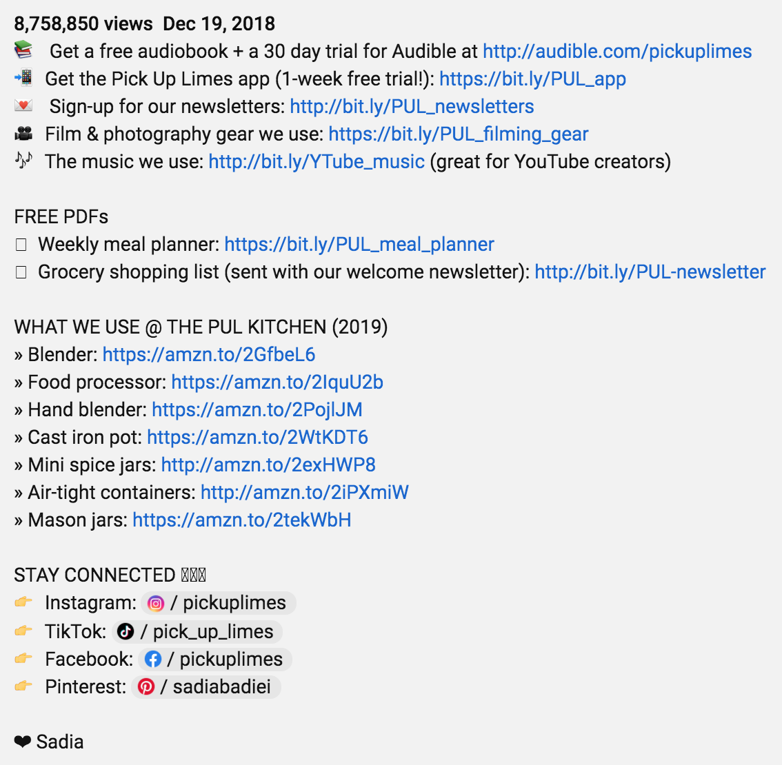 A description below Pick Up Limes's YouTube video