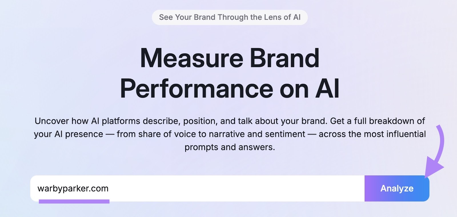 Brand Performance tool start on the AI SEO toolkit with a domain entered and "Analyze" clicked.