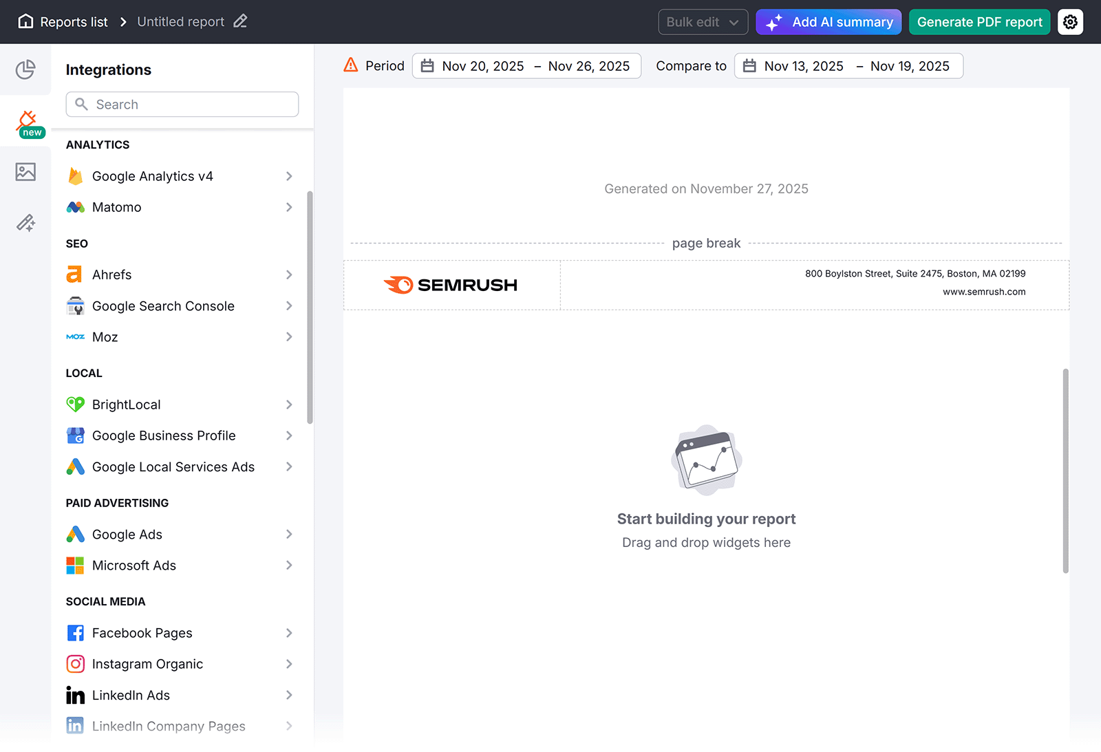 Semrush reporting tool interface with integrations list and empty report canvas.