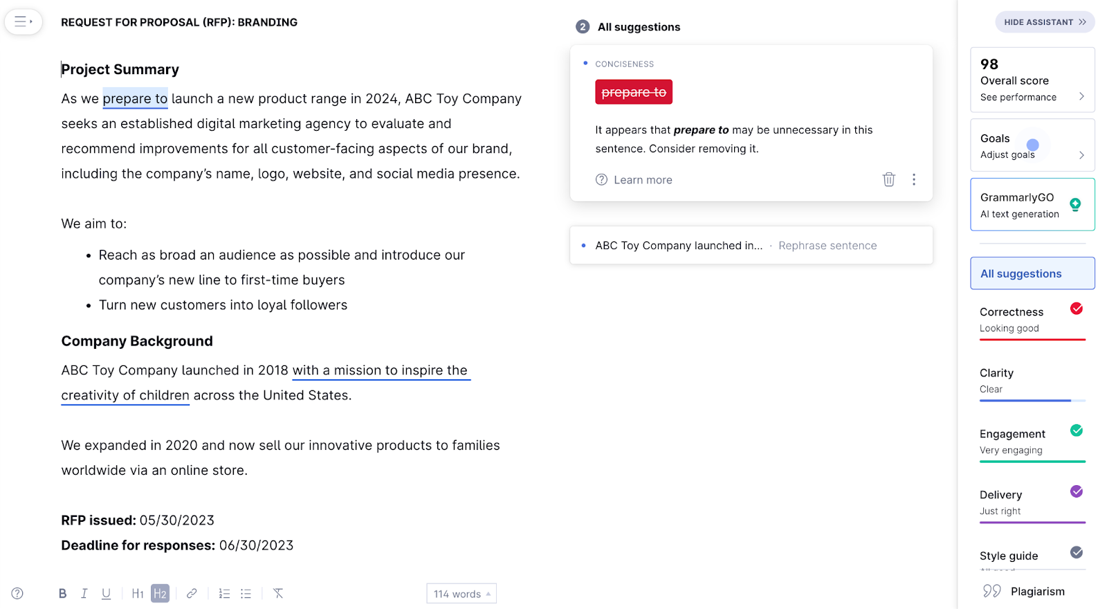 An example of drafting a RFP document in Grammarly