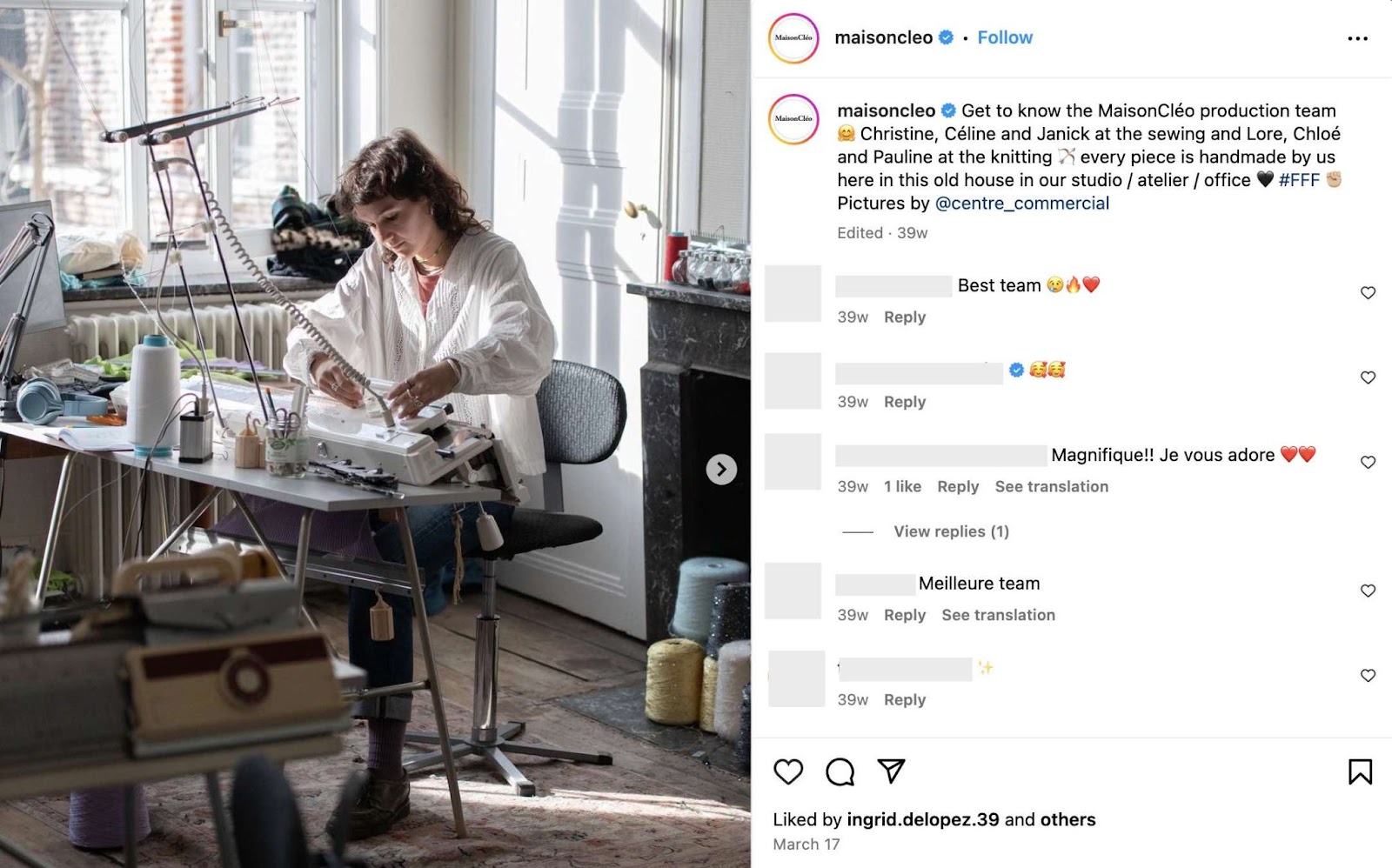 MaisonCléo's Instagram post on behind-the-scene production process