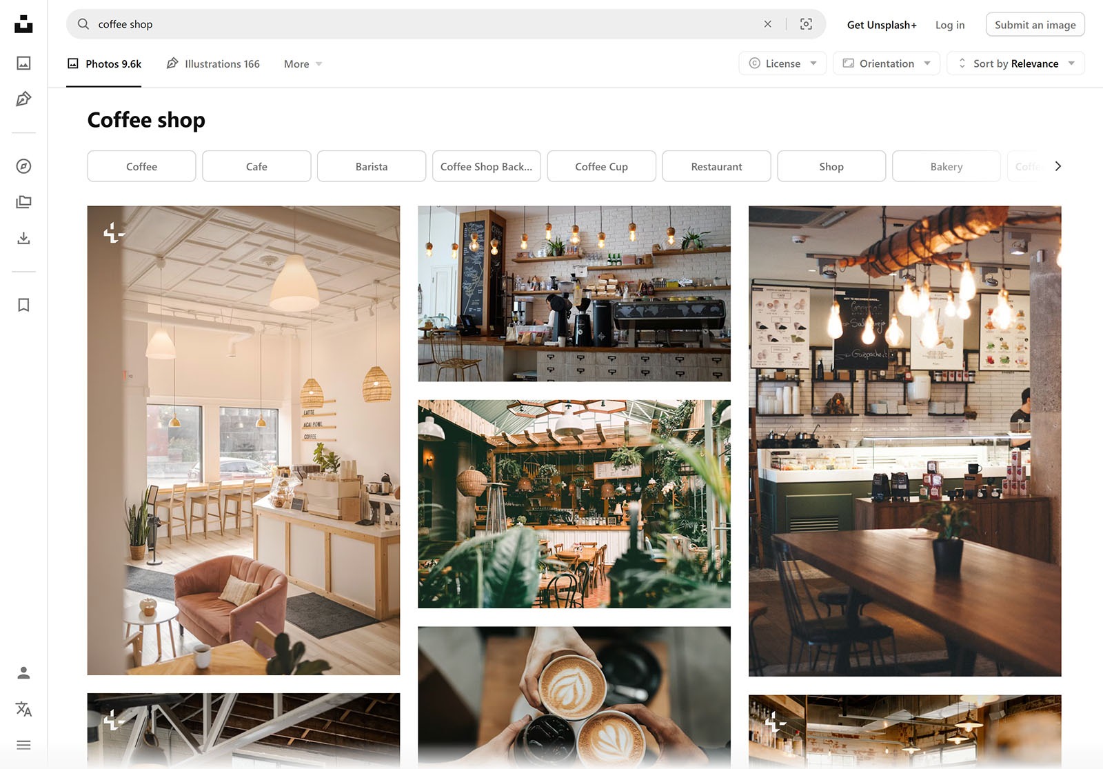 Unsplash search results page showing free stock photos for the query ‘coffee shop.’