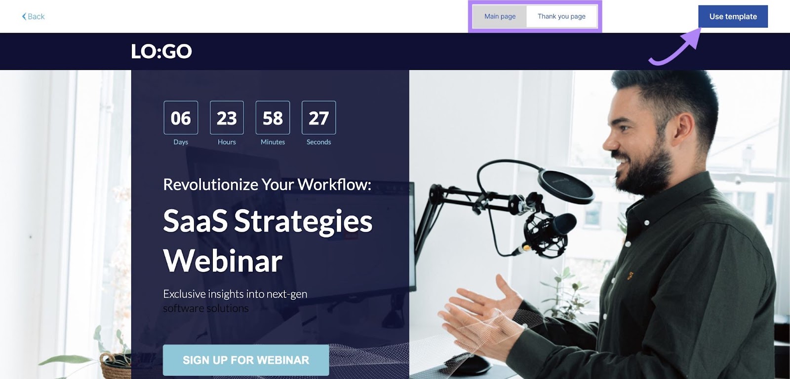Preview of the "SaaS Webinar" template in the Semrush Landing Page Builder tool with the main and thank you page toggle button highlighted and "Use template" clicked