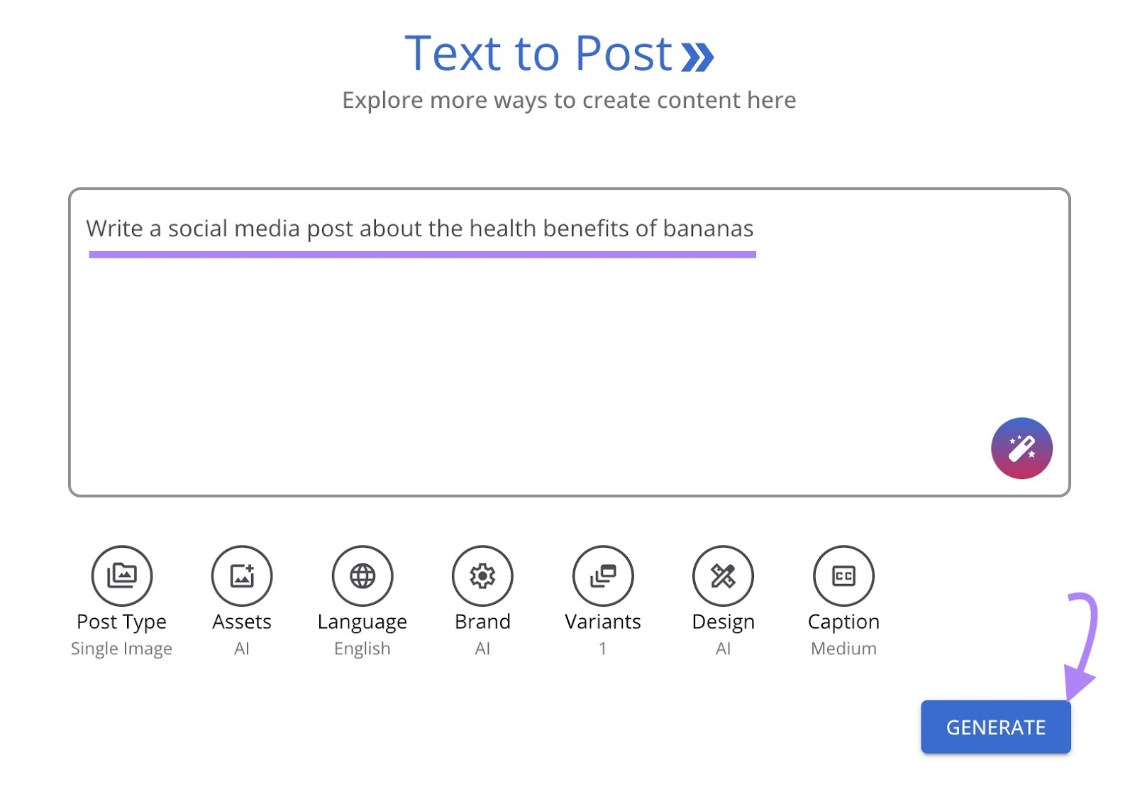 "Text to Post" tool start on Semrush’s AI Social Content Generator with text entered in the input box and "Generate" clicked.