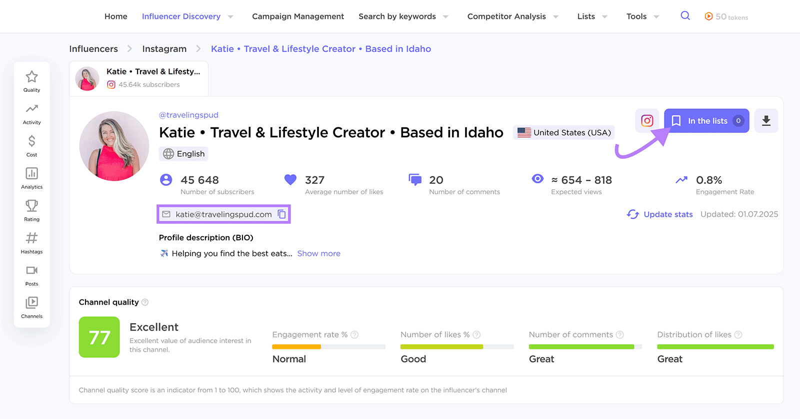 Profile of travel influencer Katie with contact email highlighted and arrow pointing to In the lists button