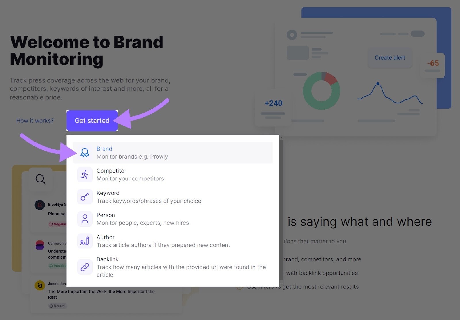 "Get started" drop-down menu in Brand Monitoring app