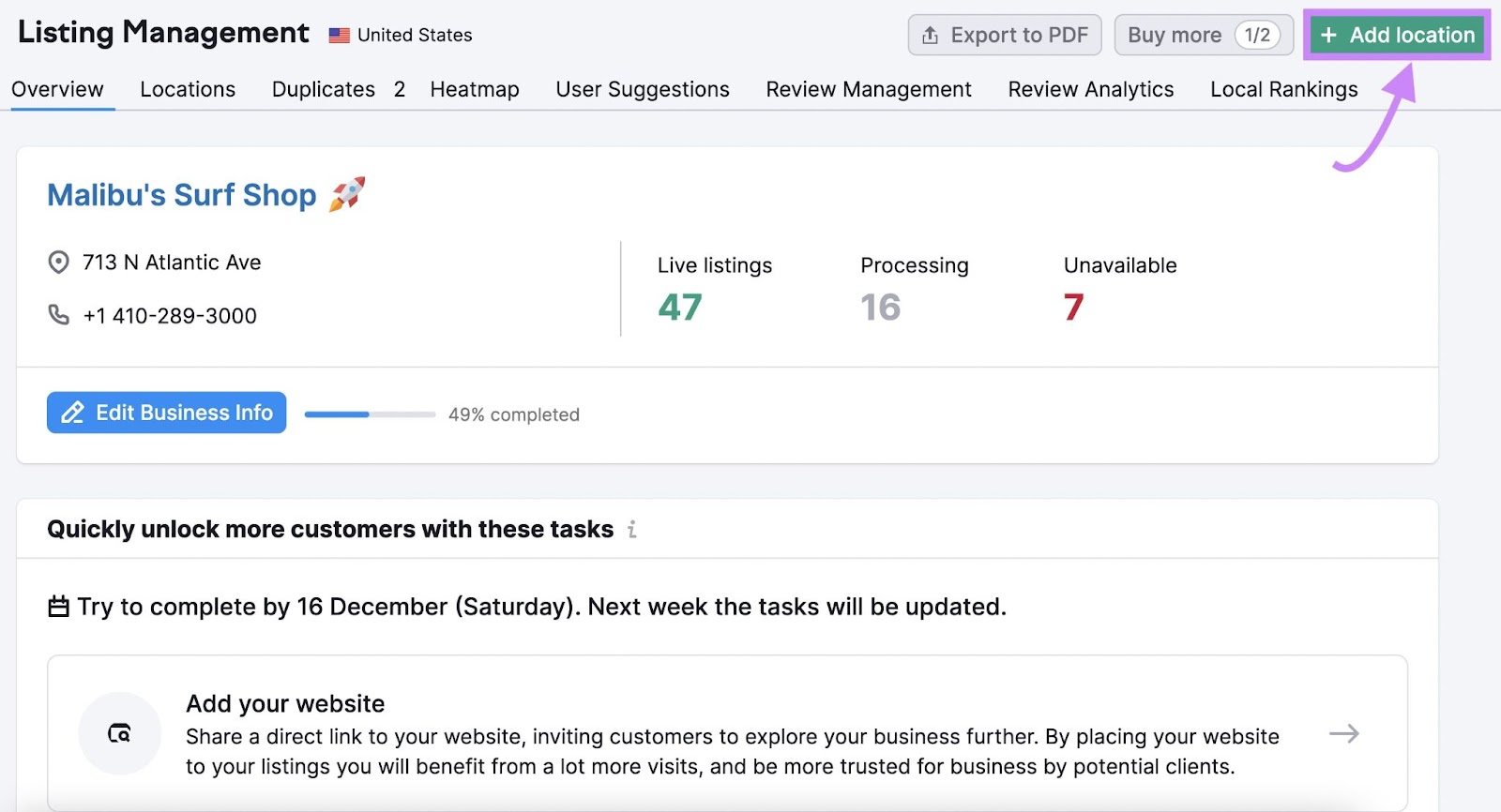 "+ Add location" button highlighted in the top right corner of Listing Management tool