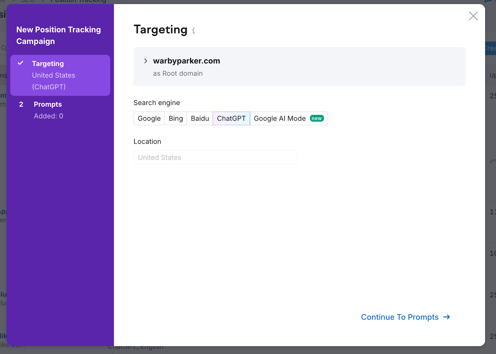 prompt tracking set up window