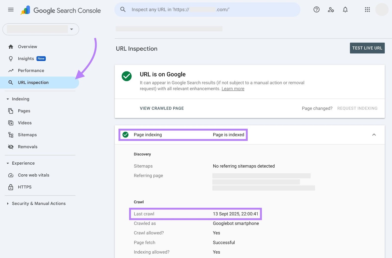 URL Inspection report on Google Search Console showing data like if a page is indexed, last crawl date, etc.
