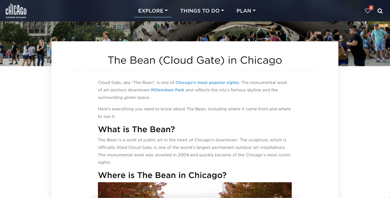 The landing page for an attraction includes long-tail keywords like what is the bean, and where is the bean in chicago.