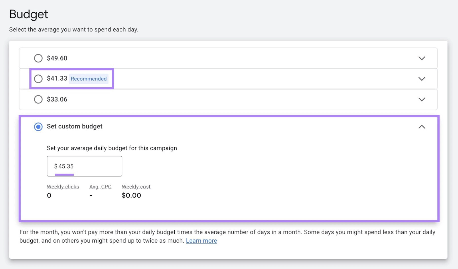 Custom budget option selected with $45.35 input; box highlights recommended daily budget of $41.33.