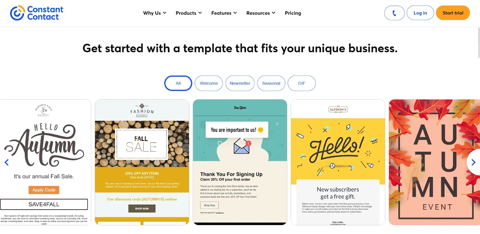 "Get started with a template that fits your unique business" section of Constant Contact site