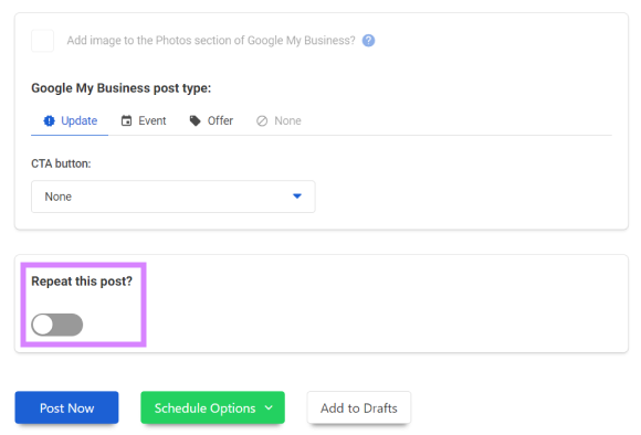"Repeat this post?" widget highlighted in OneUp