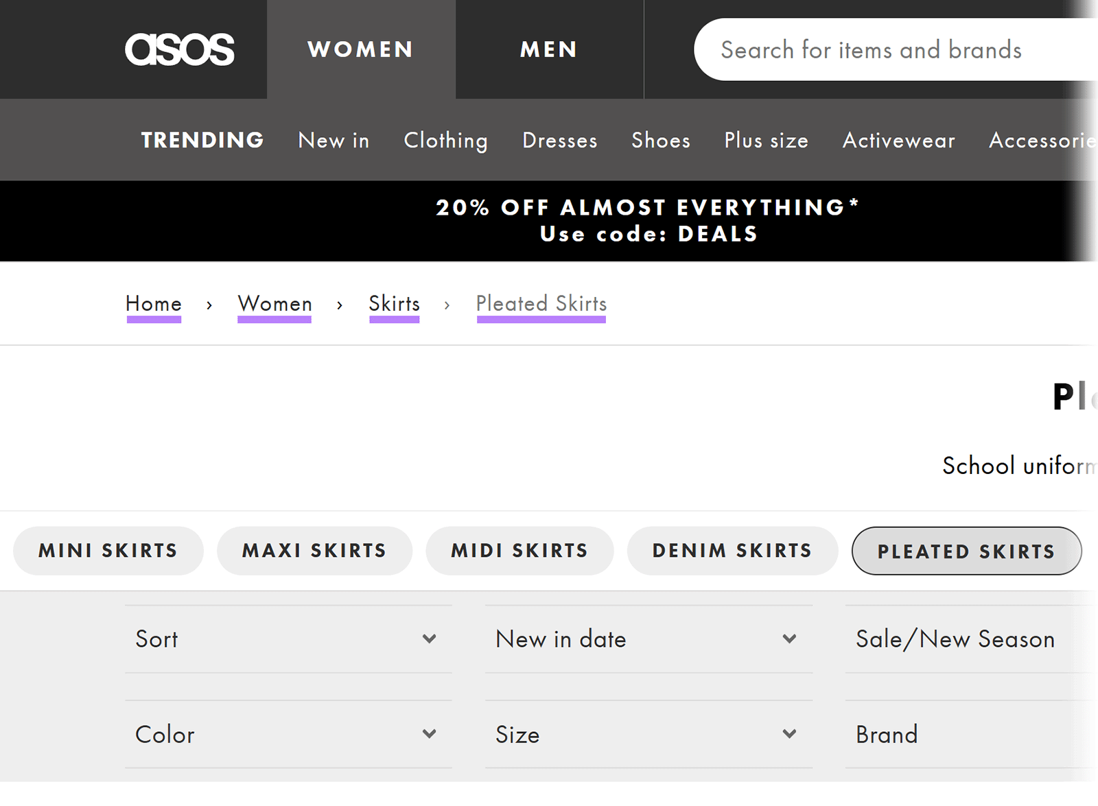ASOS site showing a breadcrumb path Home > Women > Skirts > Pleated Skirts, with each item underlined.