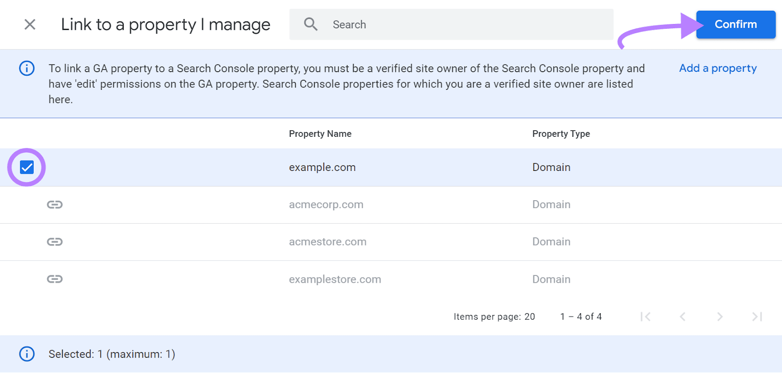 Search Console property checked and arrow pointing to Confirm button on Link to a property I manage step
