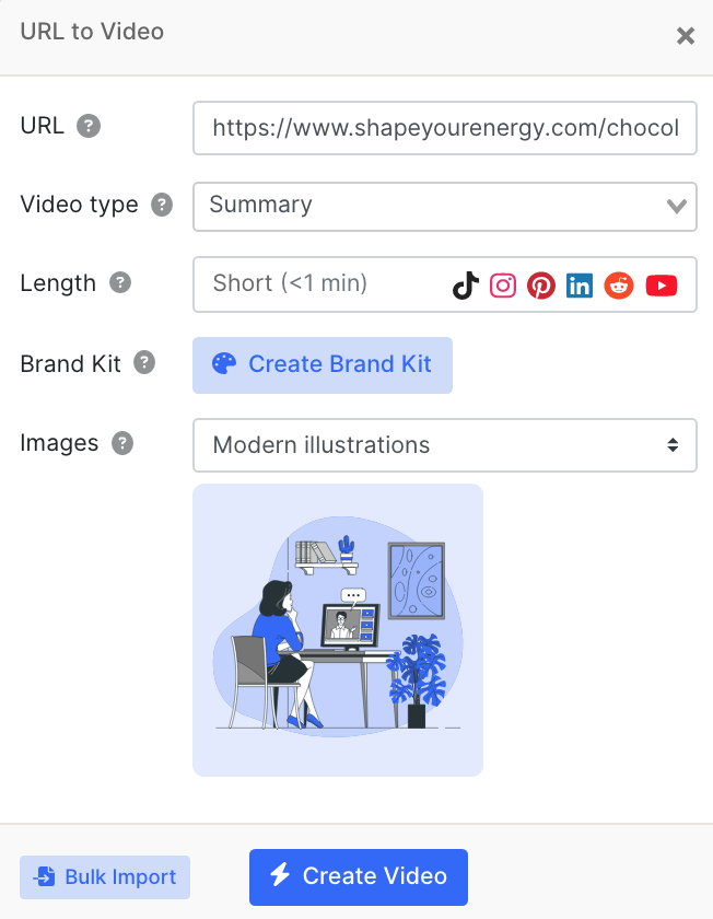 "URL to Video" pop-up window in Instant Video Creator app
