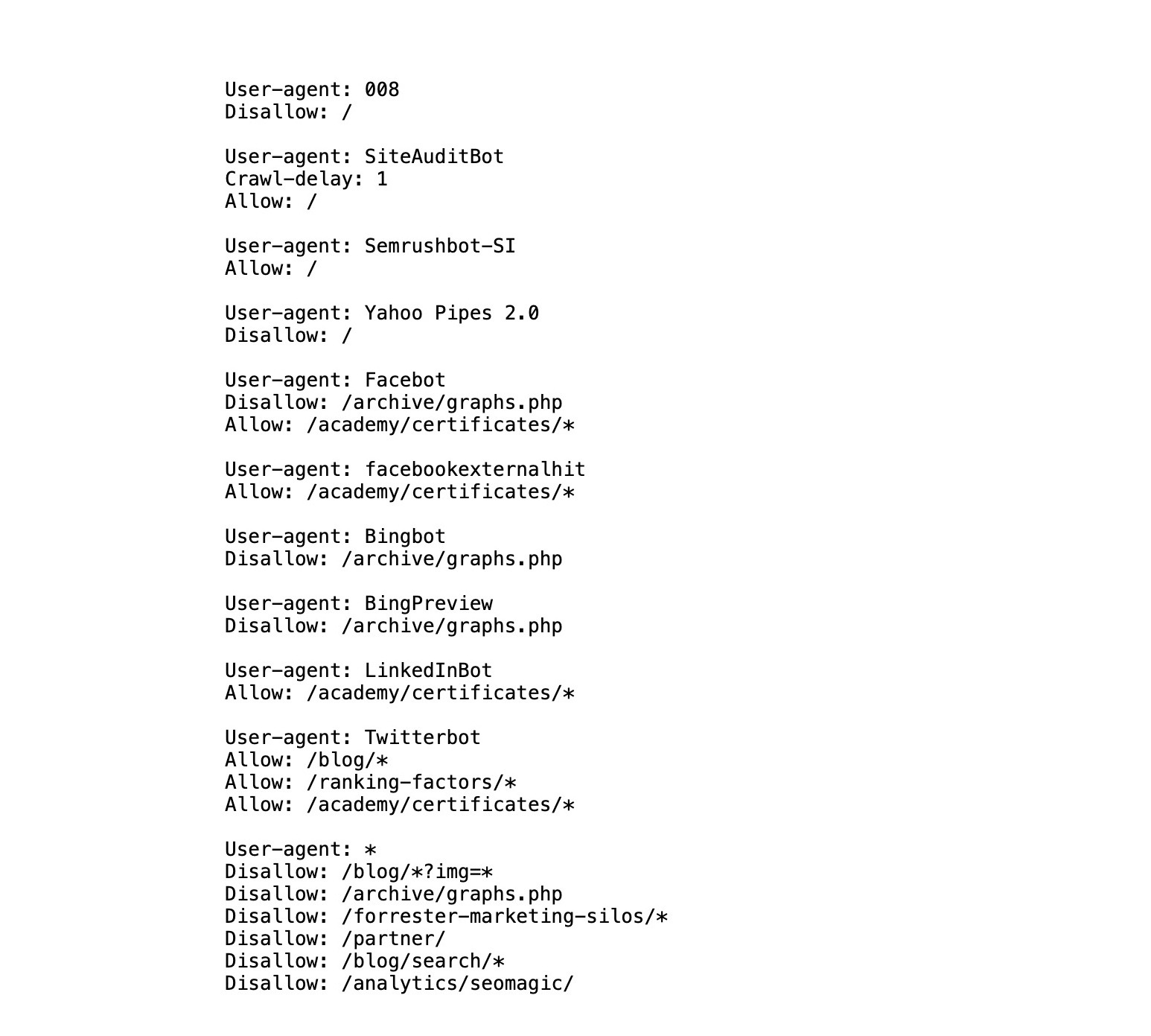 A robots.txt file showing allow and disallow directives for different site directories.