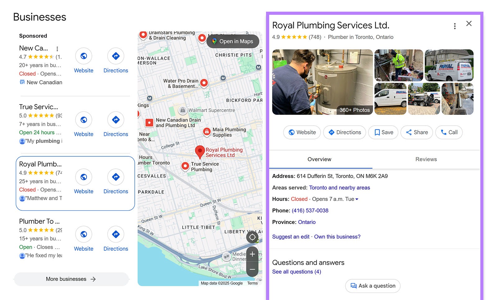 Google businesses with Royal Plumbing profile highlighted on the right.