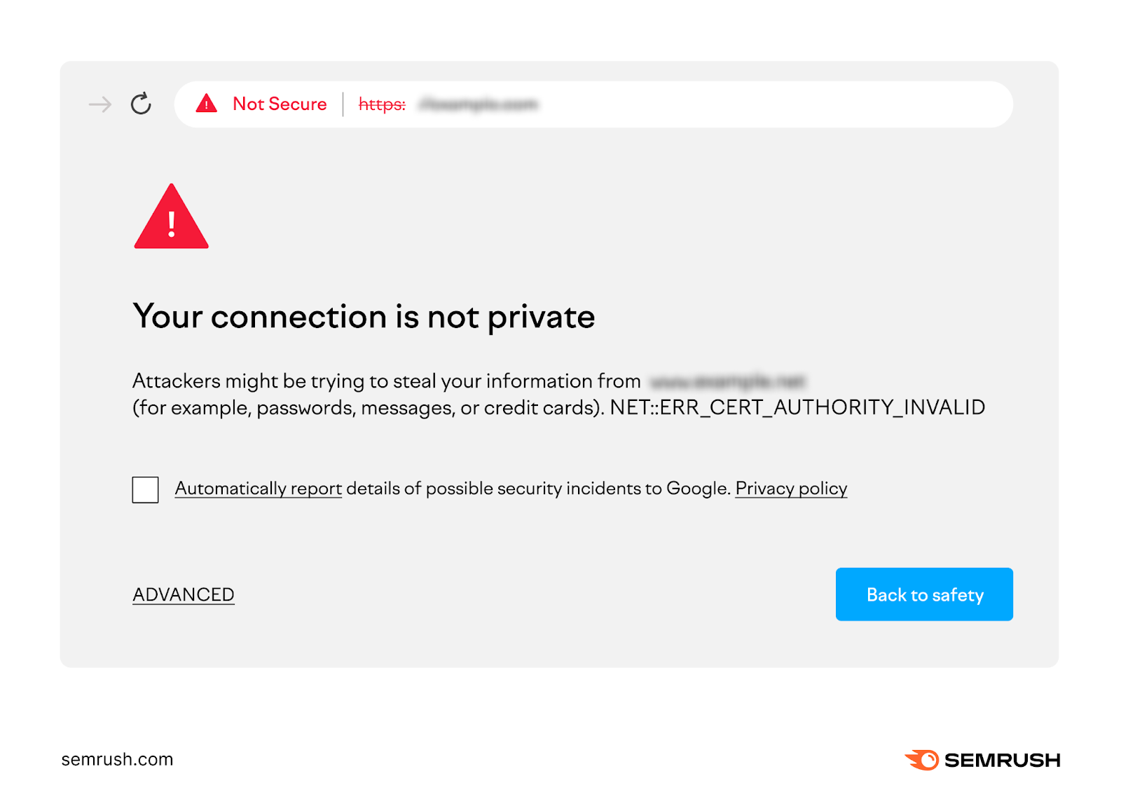 Not Secure message says, "Your connection is not private. Attackers might be trying to steal your information..."