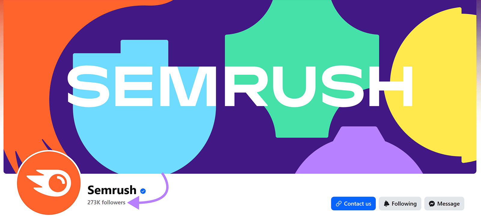 Semrush Facebook profile header with brand name and follower count highlighted.