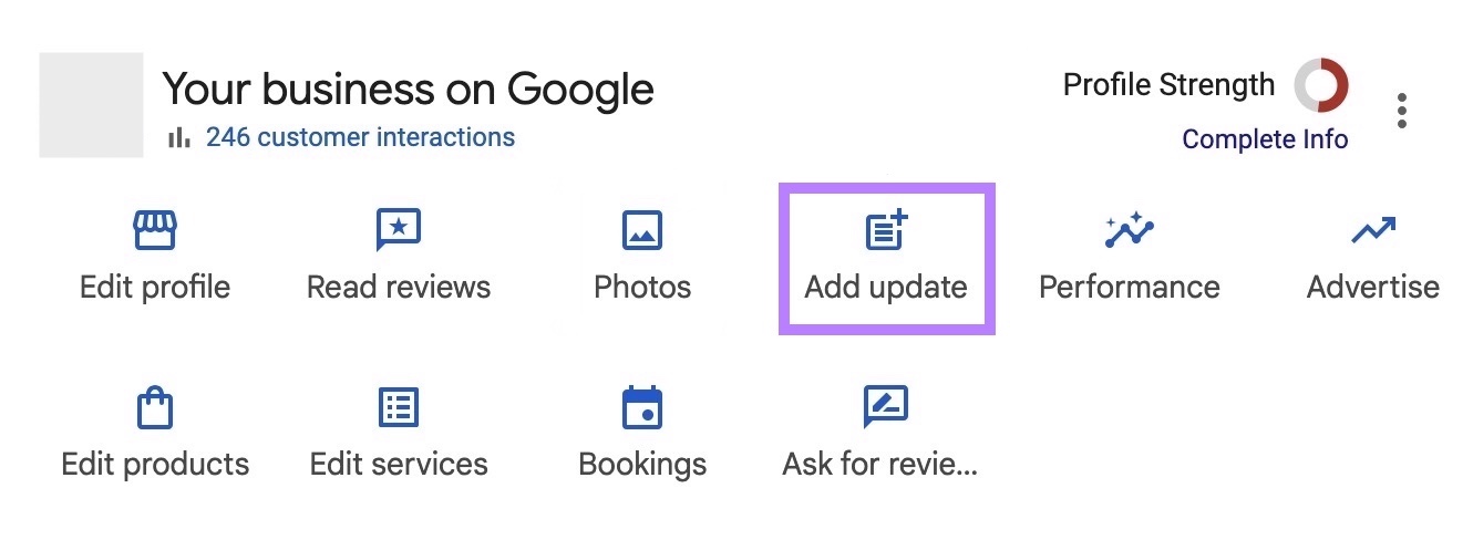 The "Add update" button highlighted on the Google Business Profile dashboard.
