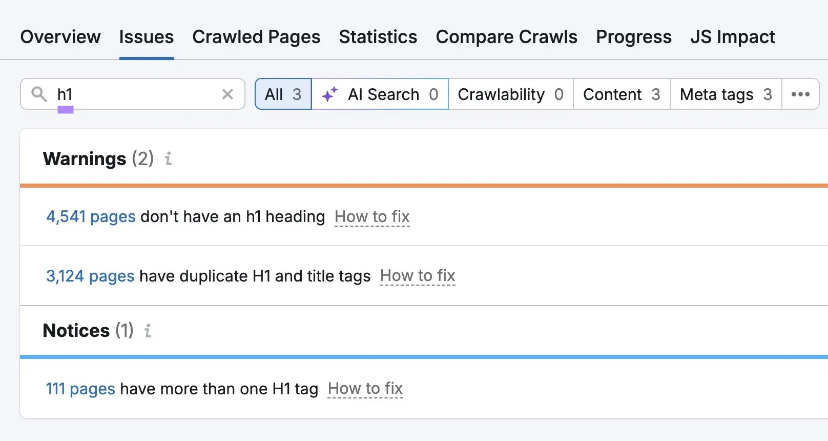 Semrush Site Audit showing H1 issues, including missing H1 headings, duplicate H1s and title tags, and multiple H1 tags