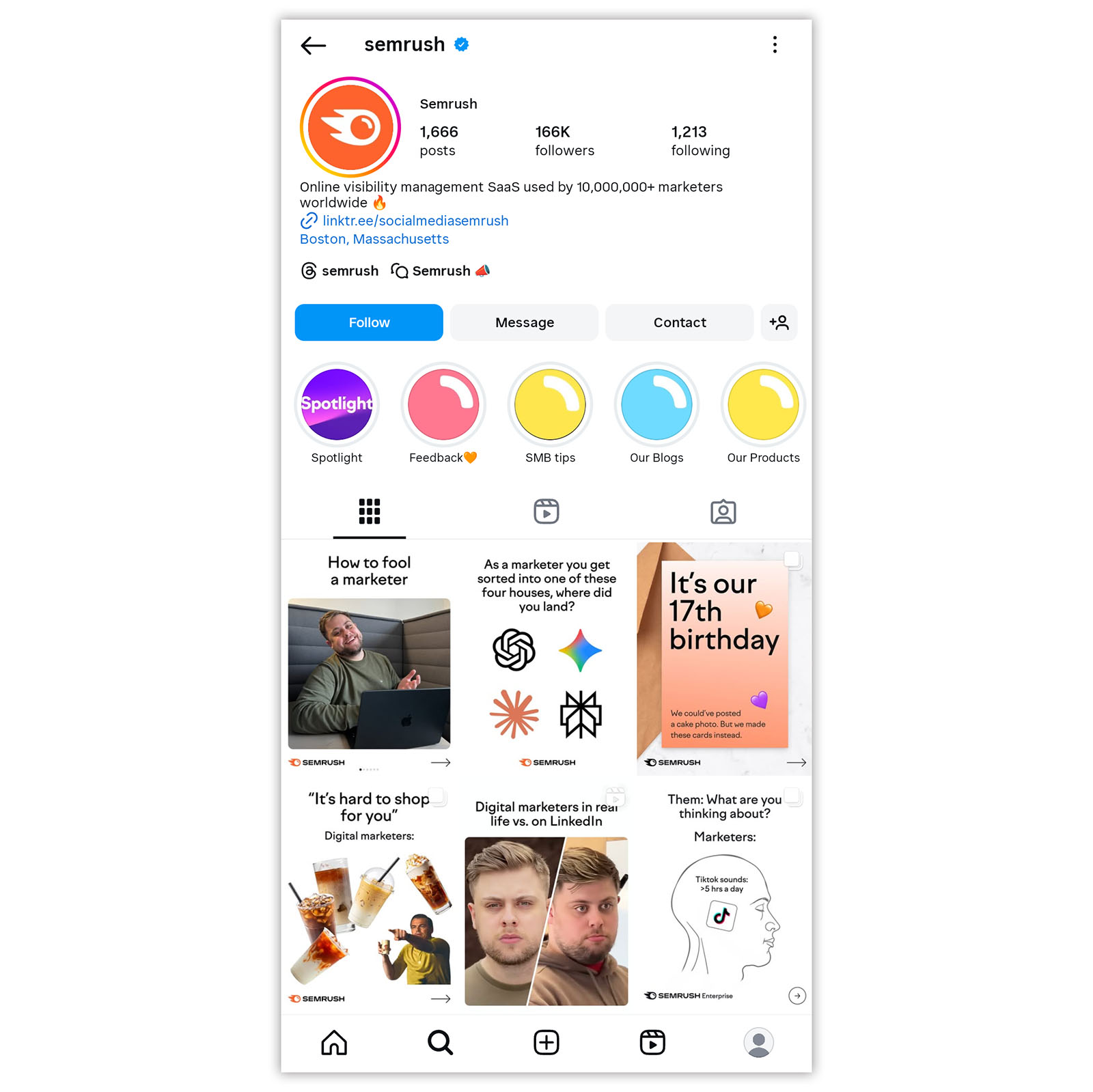 Instagram profile page showing bio, highlights, and recent posts.