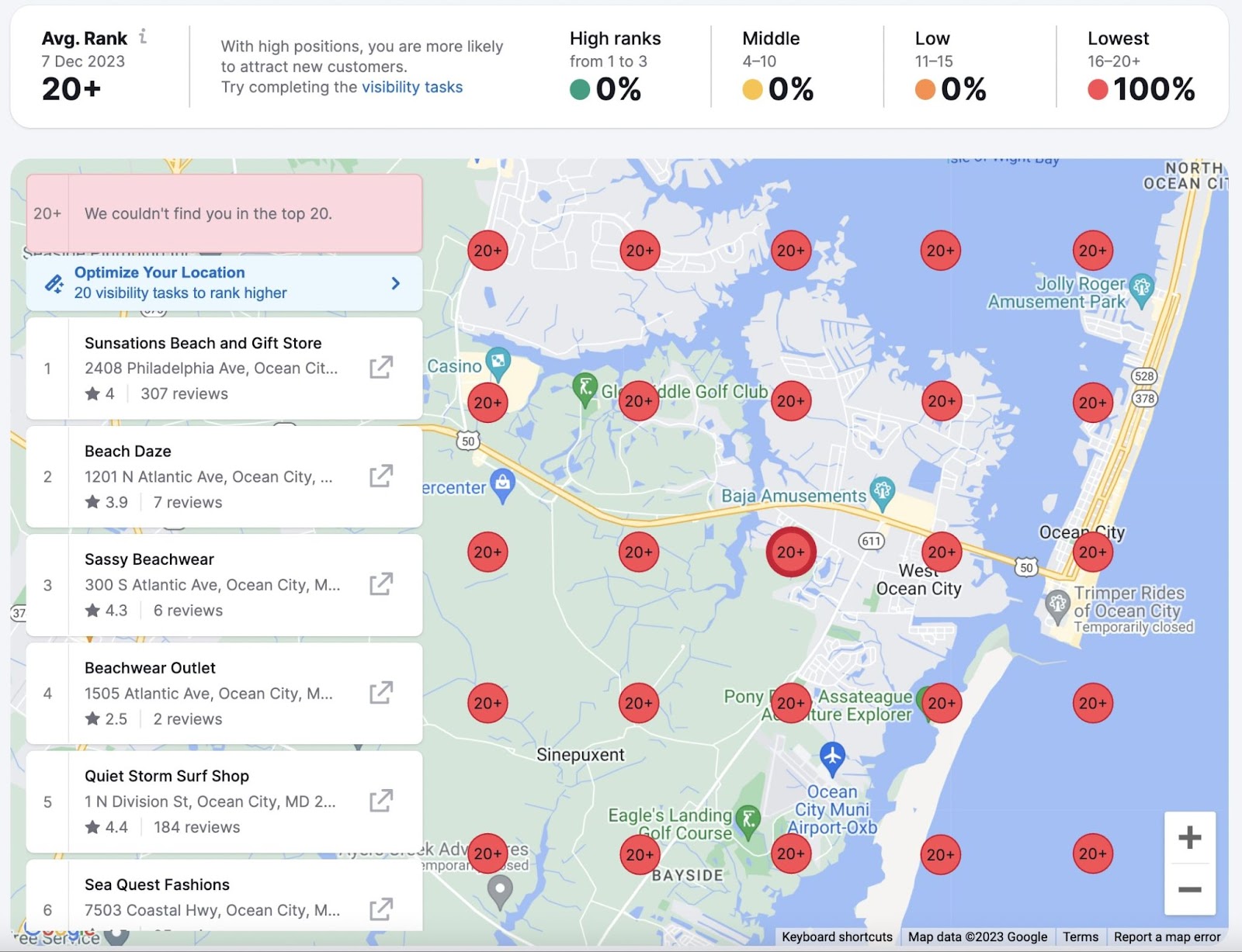 A Google map showing your business' rank