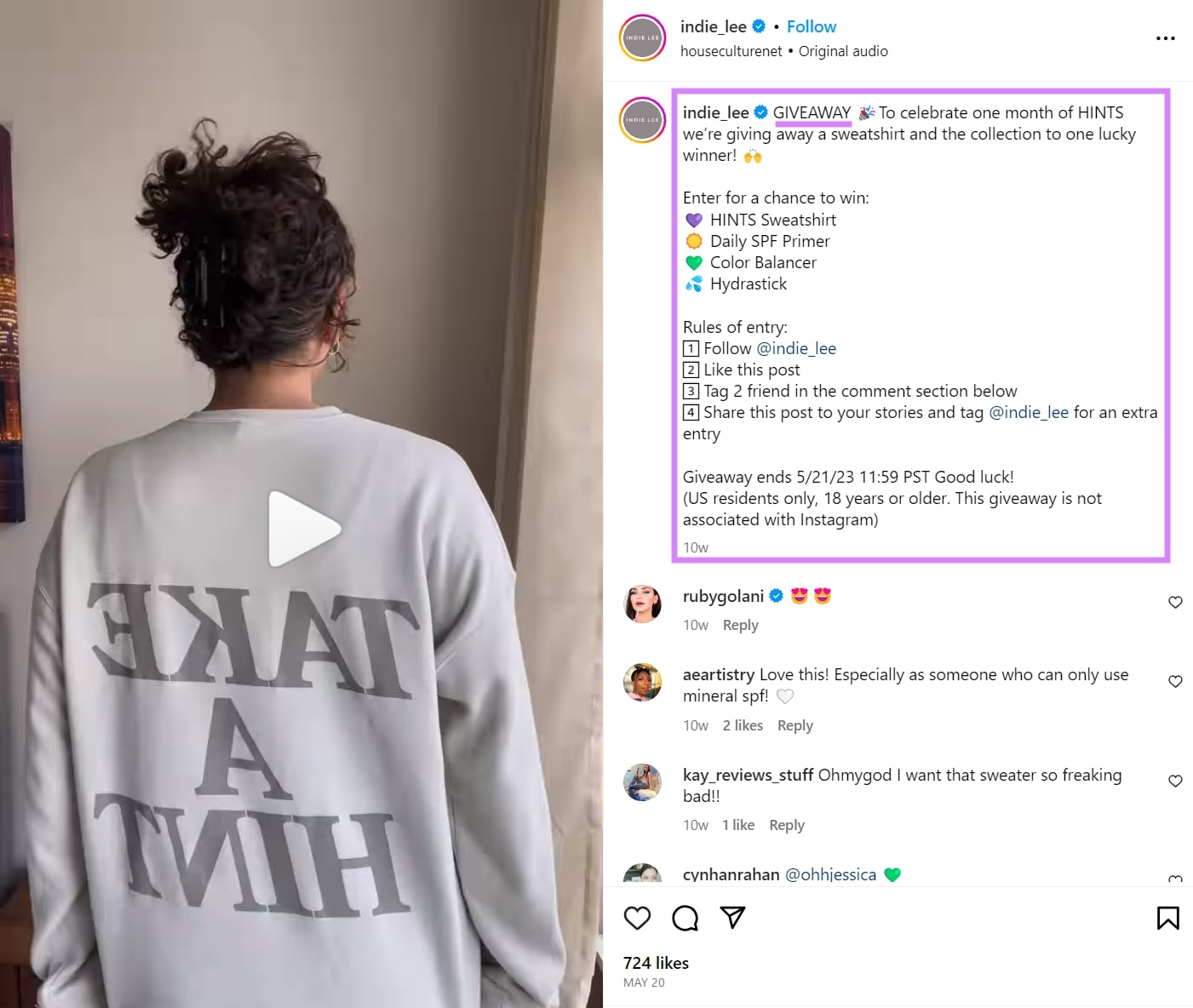 Indie Lee's giveaway contest on Instagram