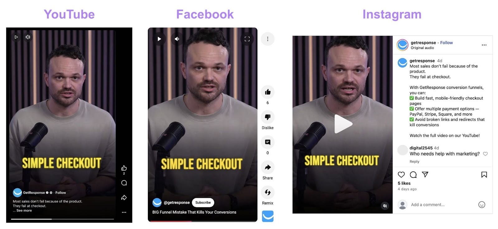 A short-form video by GetResponse repurposed across multiple platforms including YouTube, Facebook, and Instagram.