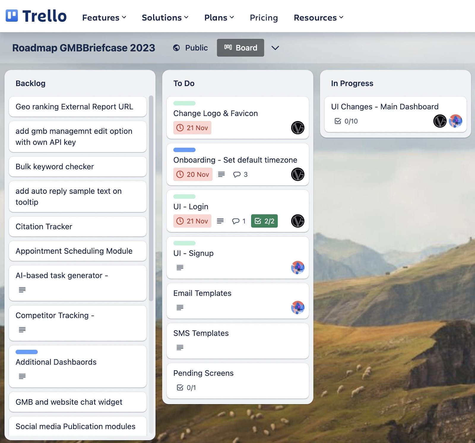 Trello's board for "Roadmap GMBBriefcase 2023"