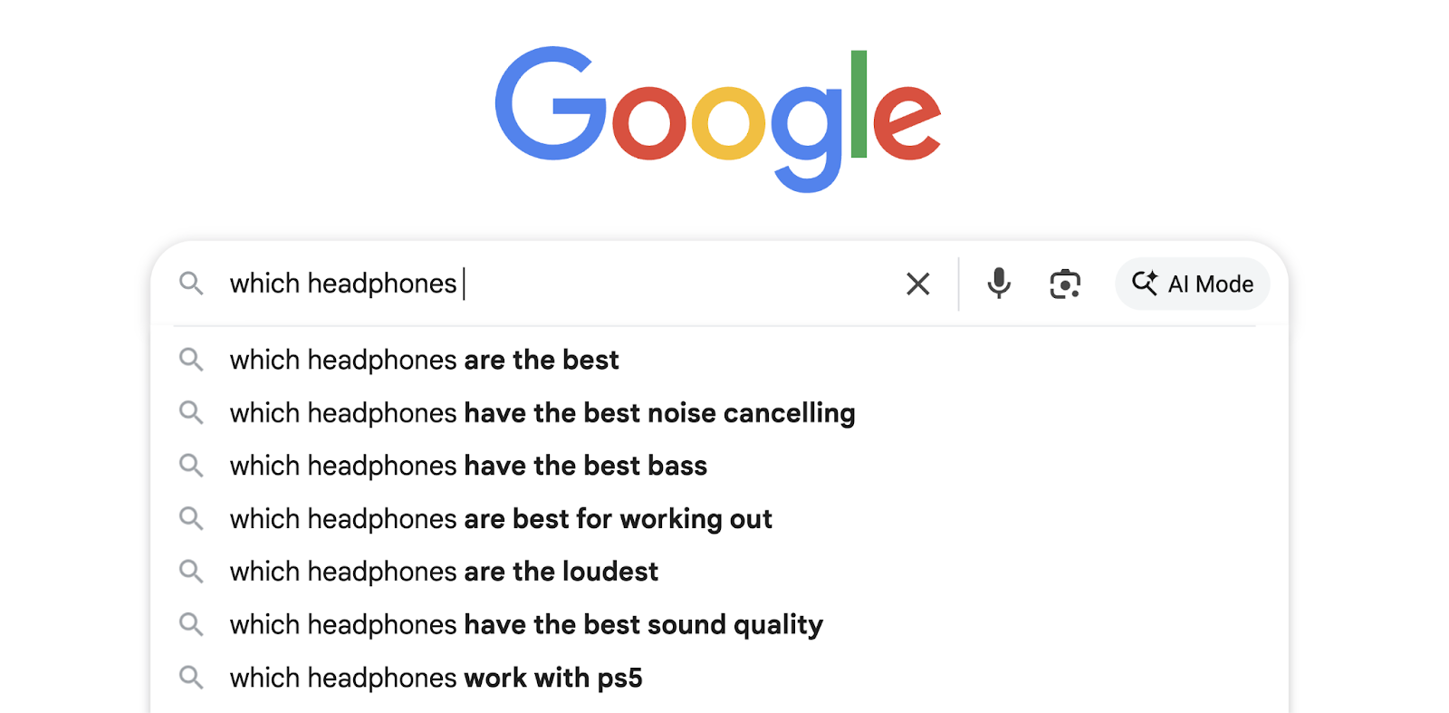 A search beginning with "which headphones" is autocompleted with are the best, have the best noise cancelling, are best for working out, and more.