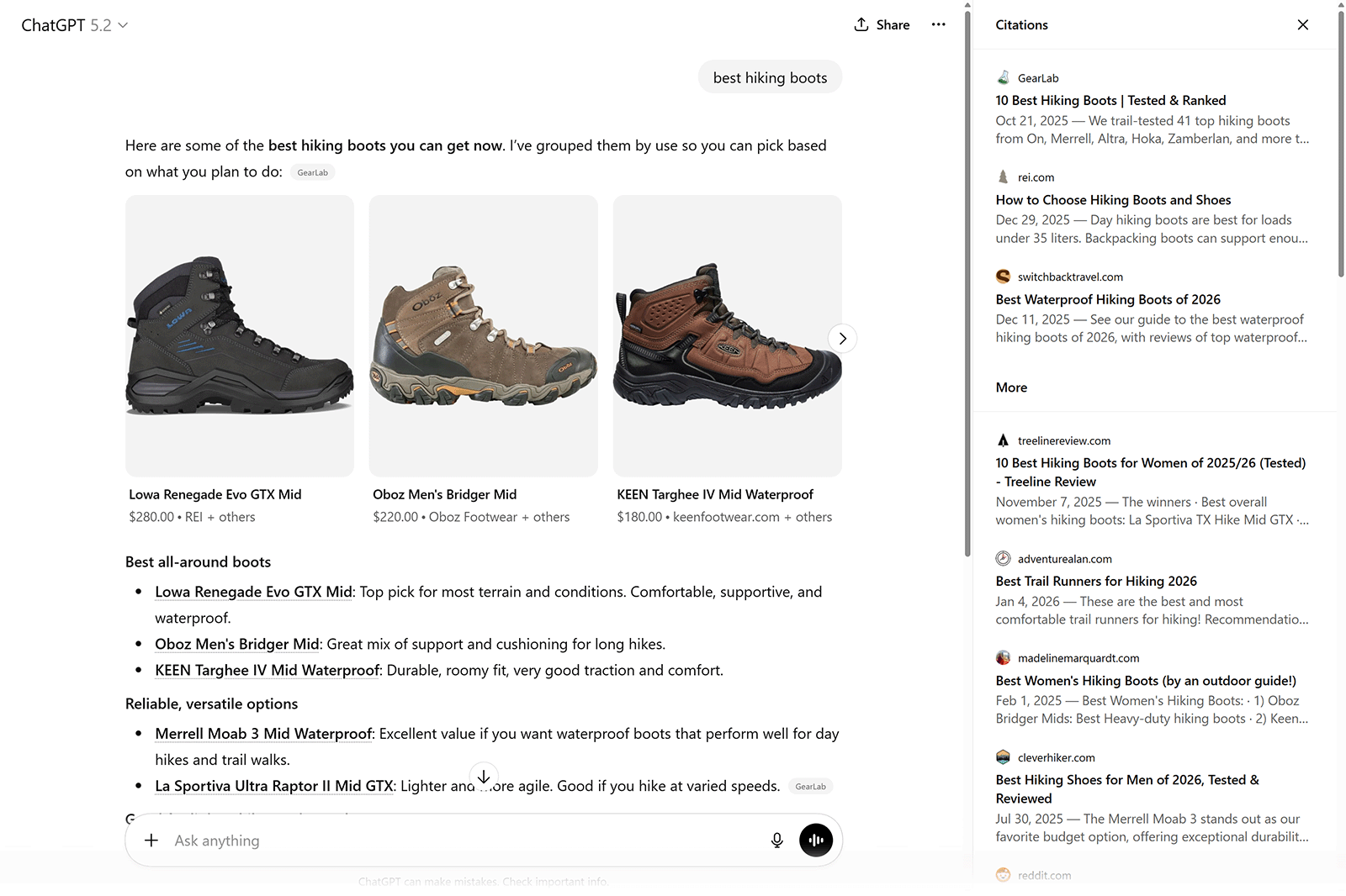 ChatGPT search results for “best hiking boots” showing product cards and cited sources in a sidebar.