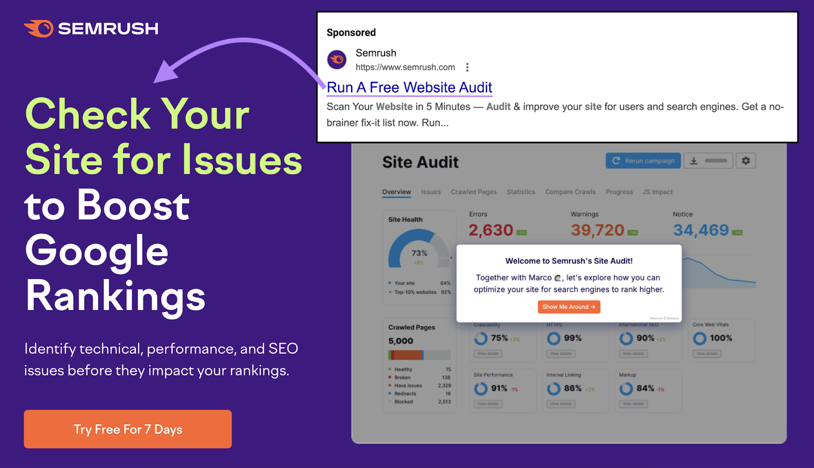 A paid search ad link for a free website audit sends the user to a free trial landing page.