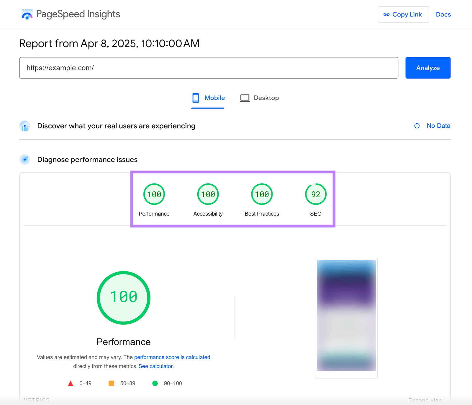 Google PageSpeed Insights report for mobile, showing perfect scores of 100 for Performance, Accessibility, and Best Practices, and a score of 92 for SEO.