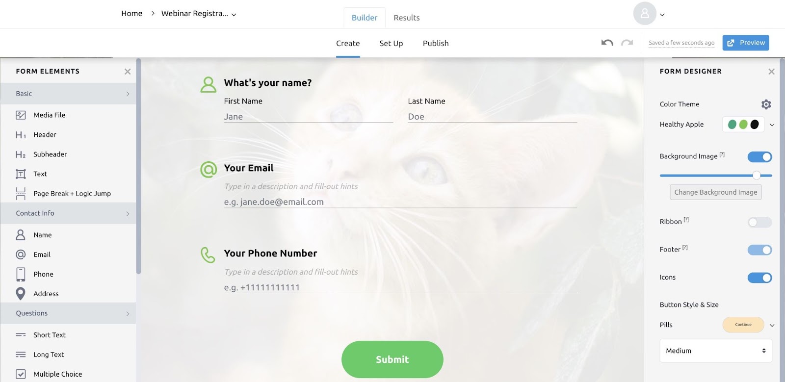 Lead Generation Forms builder with elements on the left, design settings on the right, and a preview of the form in the center.