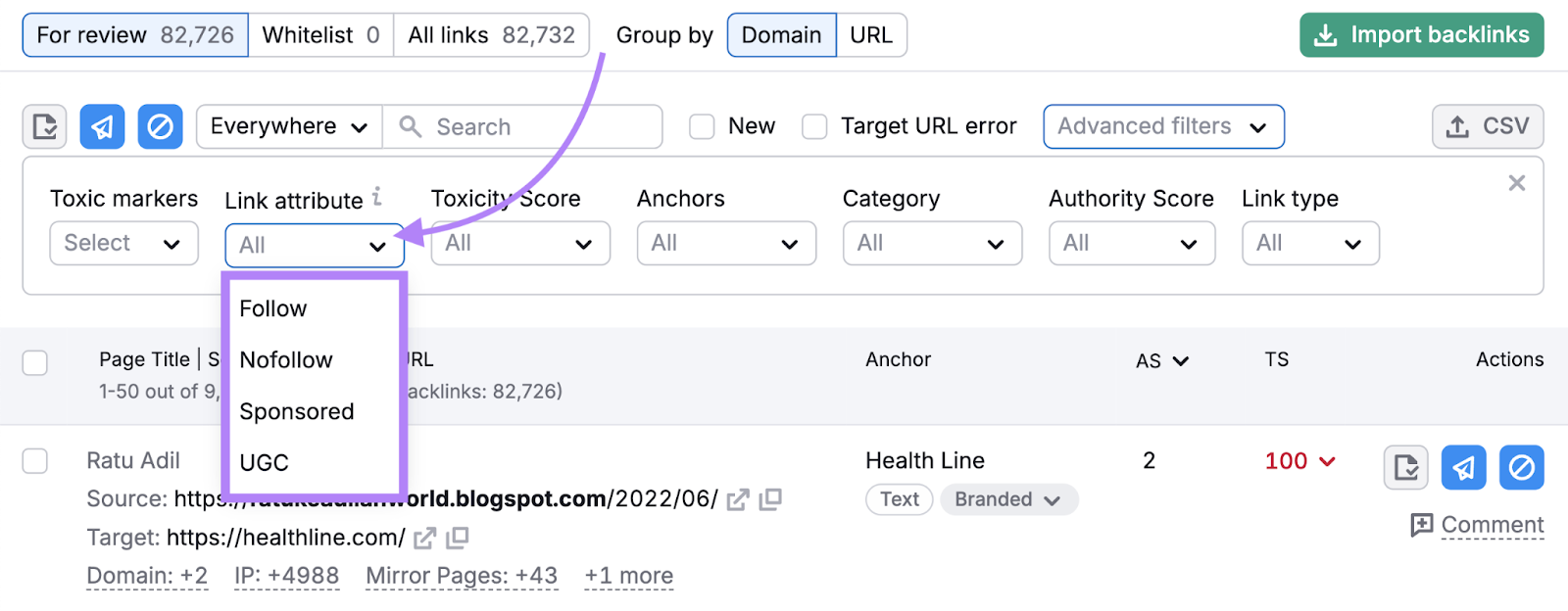 link attribute filter shows options for follow, nofollow, sponsored, and ugc backlinks