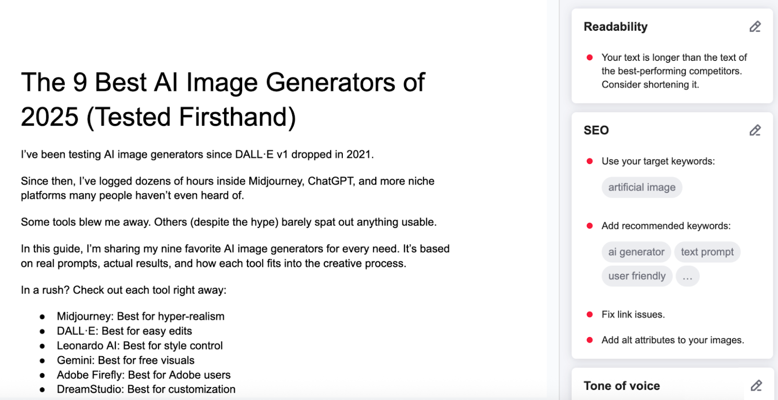 SEO writing suggestions include adding keywords and fixing link issues.