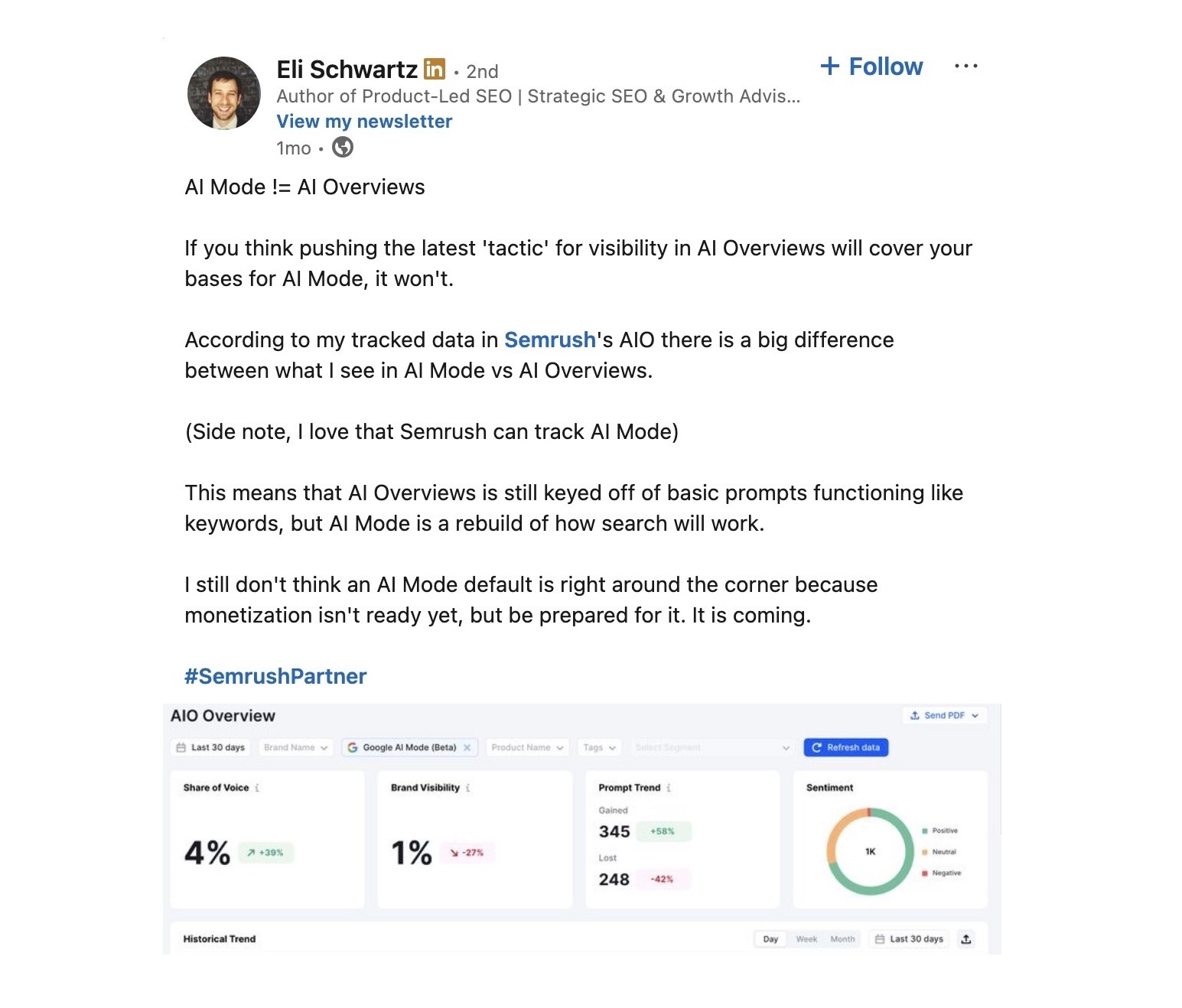 A post on LinkedIn by an industry leader, Eli Schwartz, promoting Semrush's Enterprise AIO platform.
