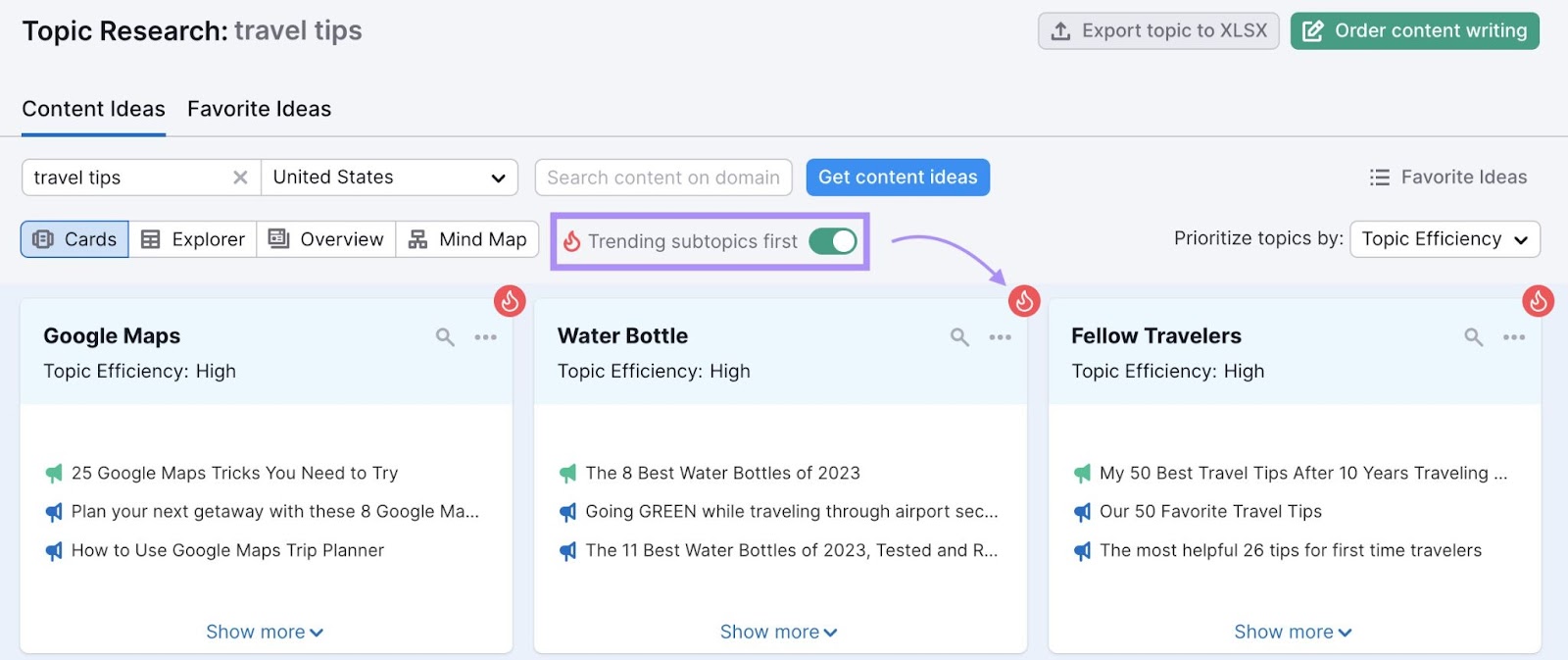 "Trending subtopics first" highlighted in the dashboard