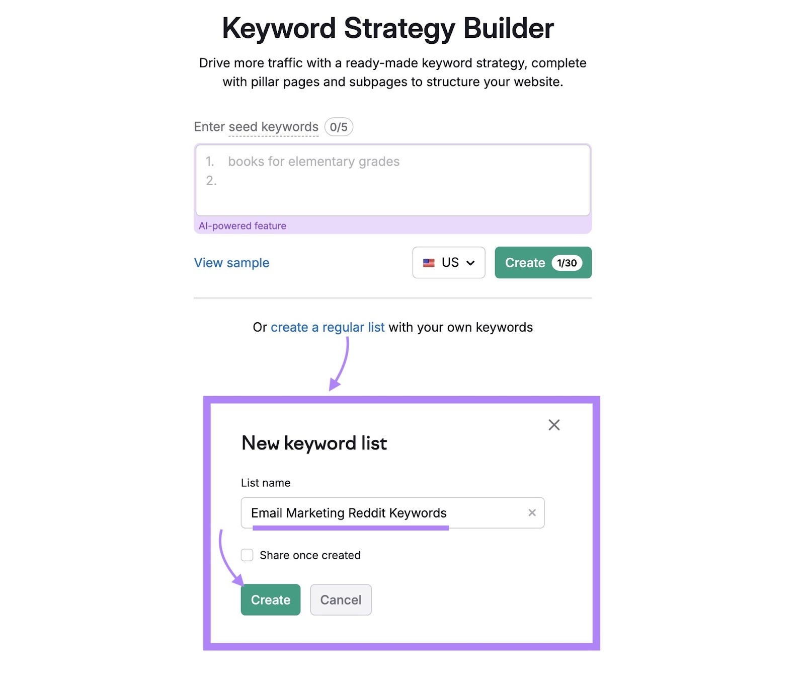 Creating a manual list on Keyword Strategy Builder by giving the list a name and clicking "Create".