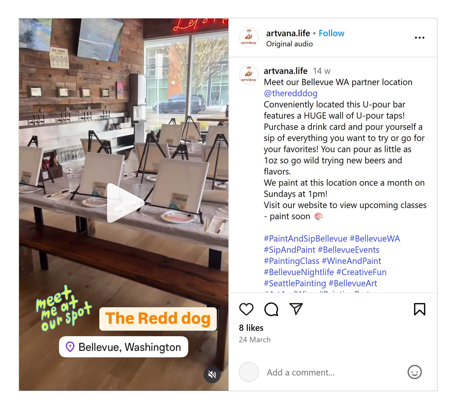 Instagram post promoting a paint and sip event at The Redd Dog in Bellevue